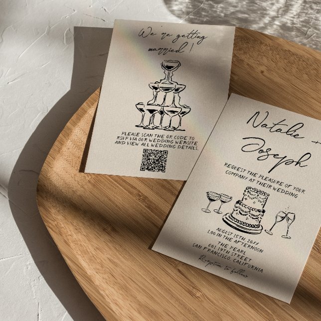 Retro Hand Drawn Written Cake QR Code Wedding Invitation (Creator Uploaded)