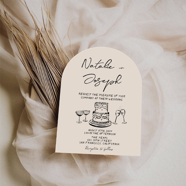 Retro Hand Drawn Written Cake Quirky Arch Wedding Invitation (Creator Uploaded)