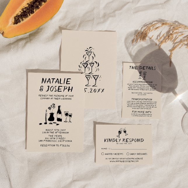 Retro Hand Drawn Written Champagne Quirky Wedding Invitation (Creator Uploaded)