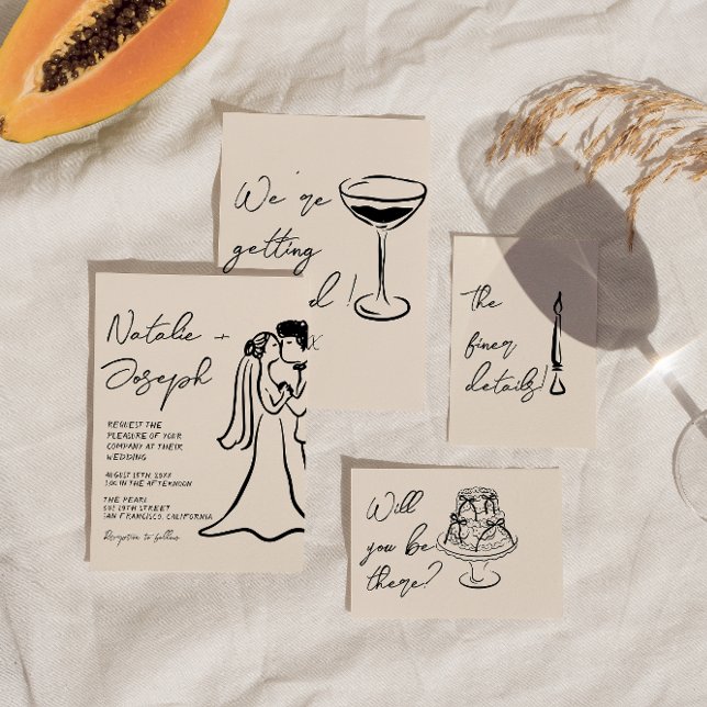 Retro Hand Drawn Written Couple Quirky Wedding Invitation (Creator Uploaded)