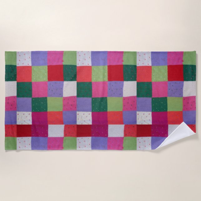 retro hand knitted colorful patchwork squares beach towel (Front)
