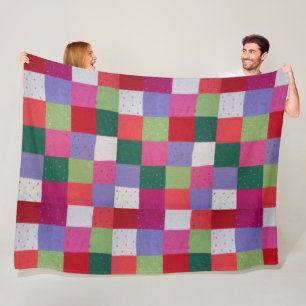 retro hand knitted colourful patchwork squares fleece blanket