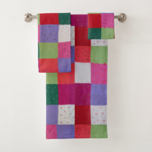retro hand knitted colourful patchwork squares fun bath towel set