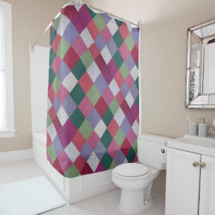 retro hand knitted colourful patchwork squares shower curtain