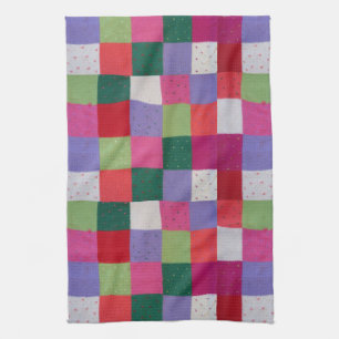 retro hand knitted colourful patchwork squares  tea towel