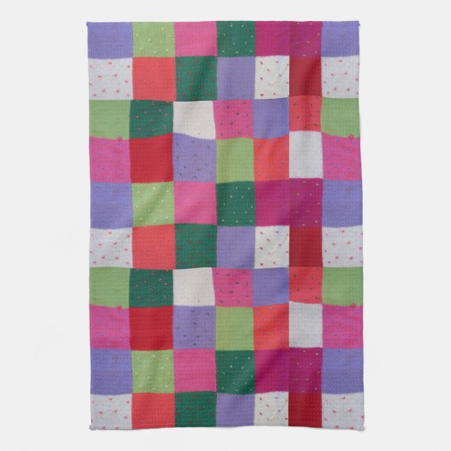 retro hand knitted colourful patchwork squares  tea towel (Vertical)