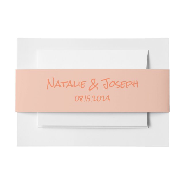 Retro Hand Written Coral Peach Fun Quirky Wedding Invitation Belly Band (Front Example)