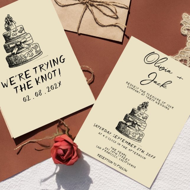 Retro Hand Written Drawn Cake Quirky trend Wedding Invitation (Creator Uploaded)