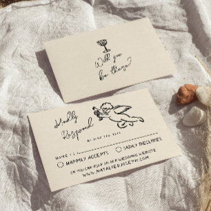 Retro Hand Written Drawn Cupid Quirky Wedding RSVP Card