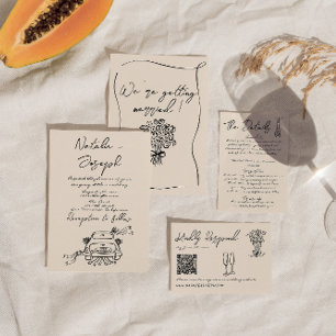 Retro Hand Written Drawn Romantic Cute Wedding Invitation