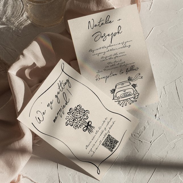 Retro Hand Written Drawn Romantic QR Code Wedding Invitation (Creator Uploaded)
