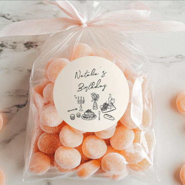 Retro Hand Written Drawn Tableware Birthday Dinner Classic Round Sticker (Creator Uploaded)