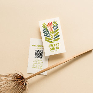 Retro Handwritten Drawn Green Funky Floral QR Cod Business Card