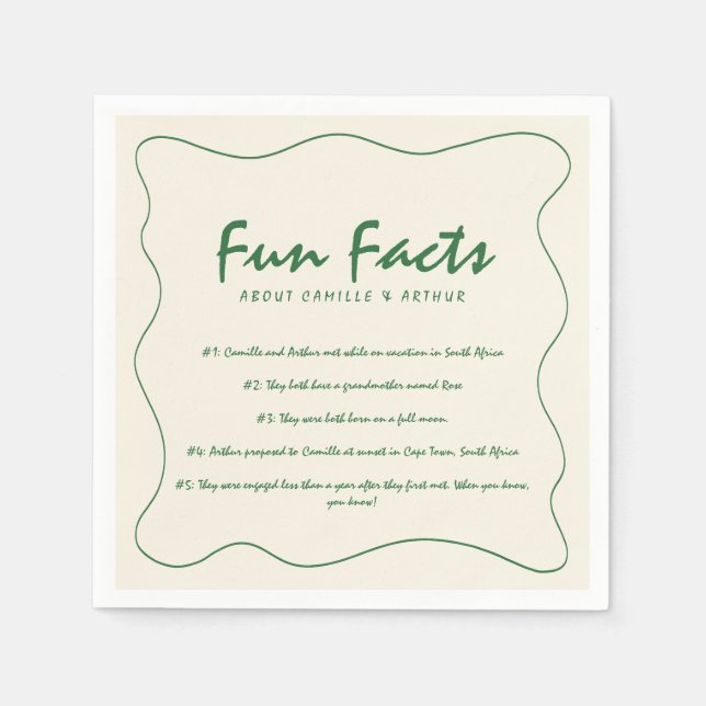 Retro Handwritten Fun Facts Green Wedding Napkin (Front)