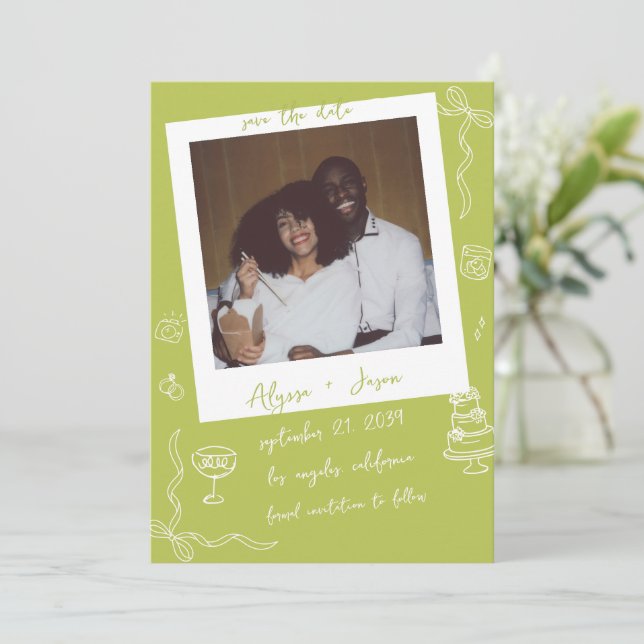 Retro Handwritten Hand Drawn Chartreuse Wedding Save The Date (Standing Front)