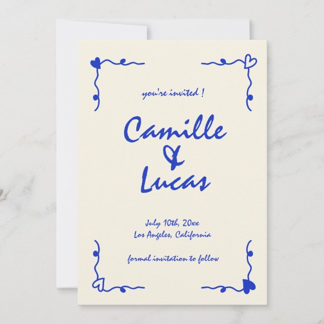 Retro Handwritten Whimsical Blue Save the dates Invitation (Front)