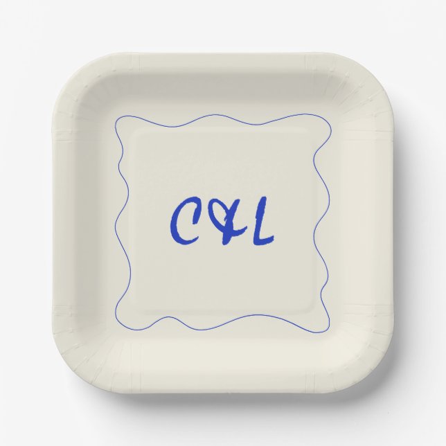 Retro Handwritten Whimsical Blue Wedding Paper Plate (Front)