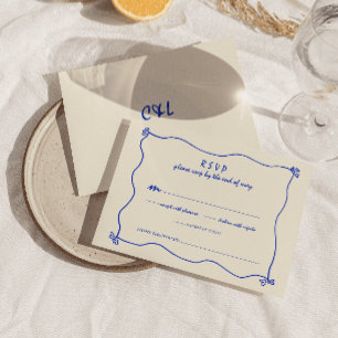 Retro Handwritten Whimsical Blue Wedding RSVP Card