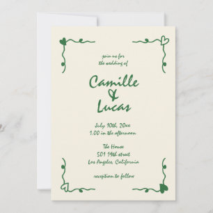 Retro Handwritten Whimsical Green Wedding  Invitation