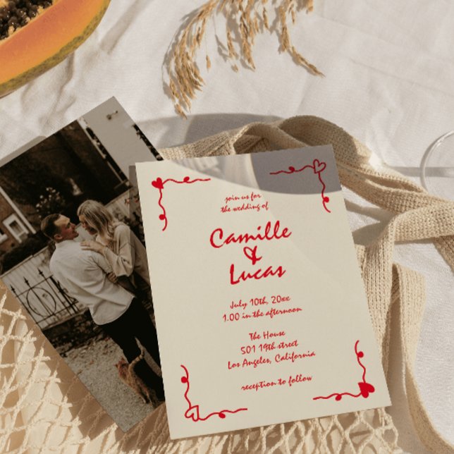 Retro Handwritten Whimsical Red Wedding  Invitation (Creator Uploaded)