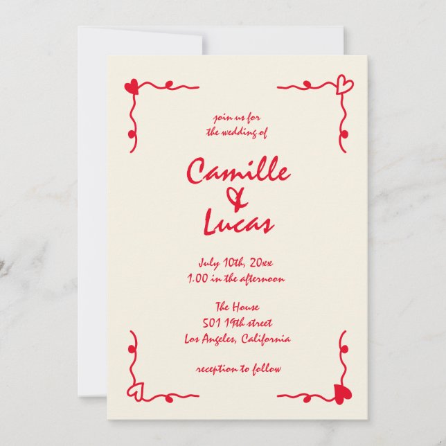 Retro Handwritten Whimsical Red Wedding  Invitation (Front)