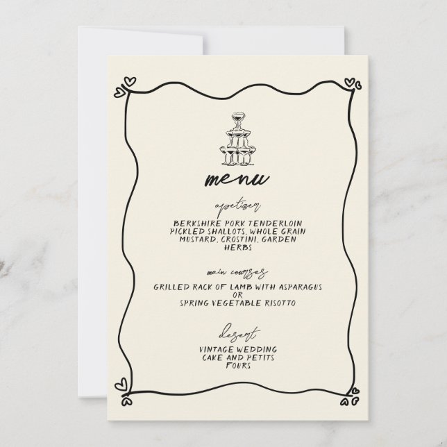 Retro Handwritten Whimsical Wedding Menu Invitation (Front)