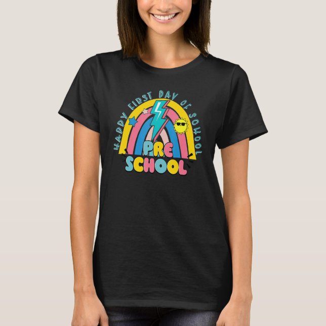 Retro Happy 1st Day Of School Preschool Teacher Li T-Shirt (Front)