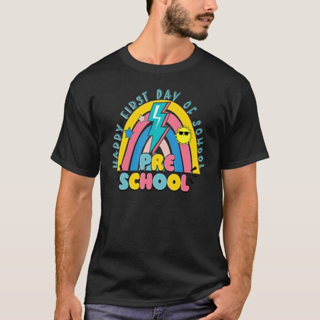 Retro Happy 1st Day Of School Preschool Teacher Li T-Shirt (Front)
