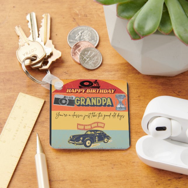 Retro Happy Birthday Grandpa Keychain (Desk)