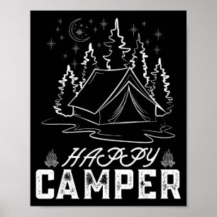 Retro happy camper tent pine forest moon night poster