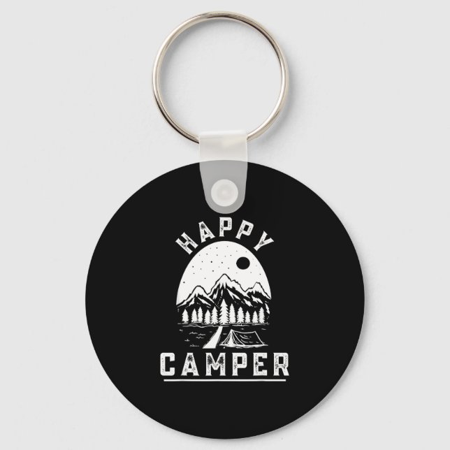 Retro happy camper tent pine forest mountain key ring (Front)