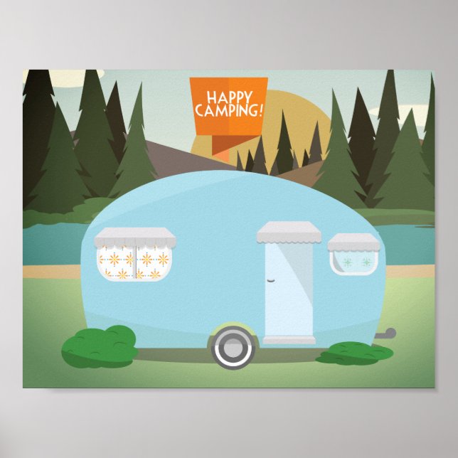 Retro Happy Camping, Vintage Camper Poster (Front)