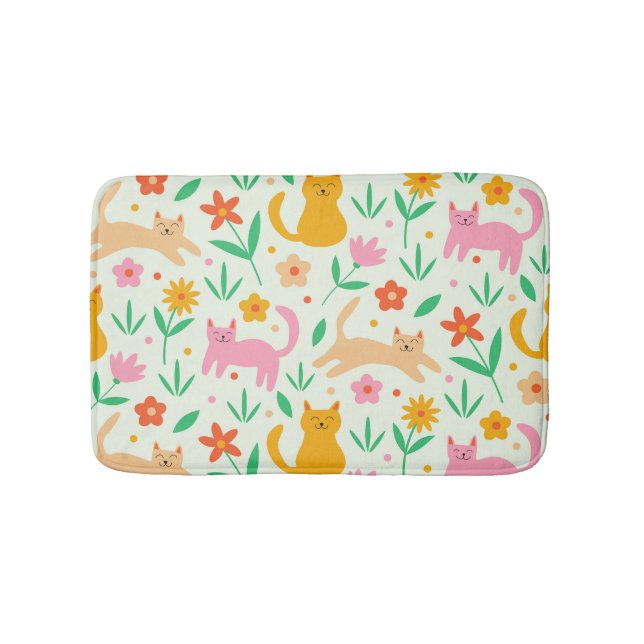 Retro Happy Cats with Orange Red and peach flowers Bath Mat (Front)