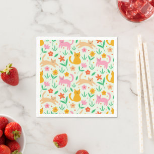 Retro Happy Cats with Orange Red and peach flowers Napkin