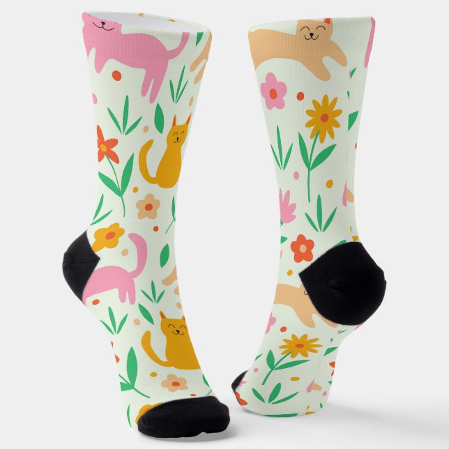 Retro Happy Cats with Orange Red and peach flowers Socks (Angled)