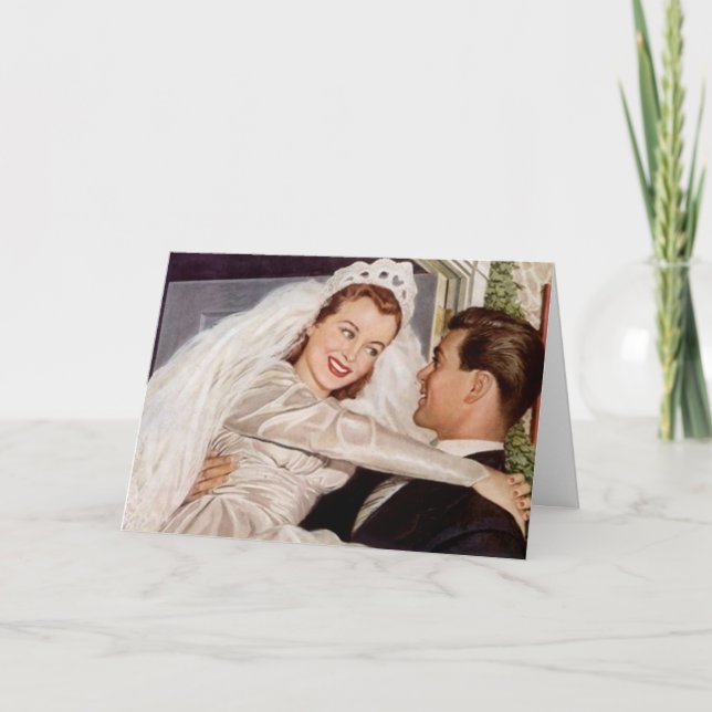 Retro Happy Elated Wedding Couple Thank You Cards (Front)