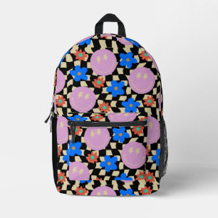 Retro Happy Face Check Flower Printed Backpack