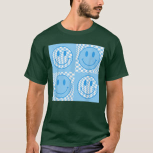 Retro Happy Face Checkered Blue Smile Face Trendy T-Shirt