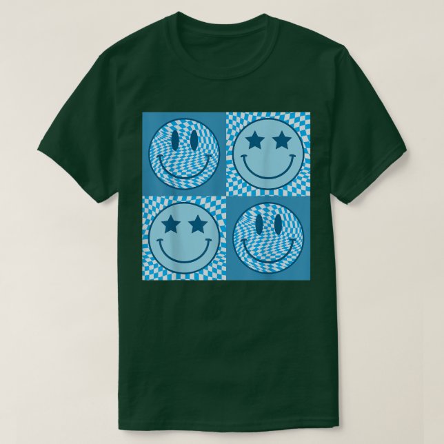 Retro Happy Face  Checkered Pattern Smile Face Fun T-Shirt (Design Front)