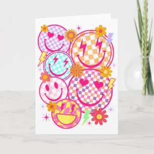 Retro Happy Face Checkered Pattern Smile Face Tren Card
