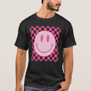 Retro Happy Face Chequered Pattern Pink Smile Fac T-Shirt