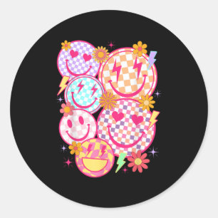 Retro Happy Face Chequered Pattern Smile Face Tren Classic Round Sticker