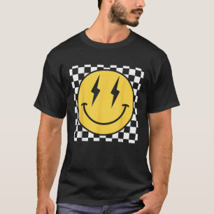 Retro Happy Face Distressed Chequered Pattern Smil T-Shirt