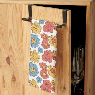 Retro Happy Face Florals Tea Towel