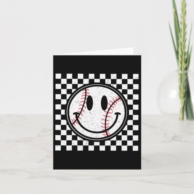 Retro Happy Face Game Day Baseball Pattern Smile F Card (Front)