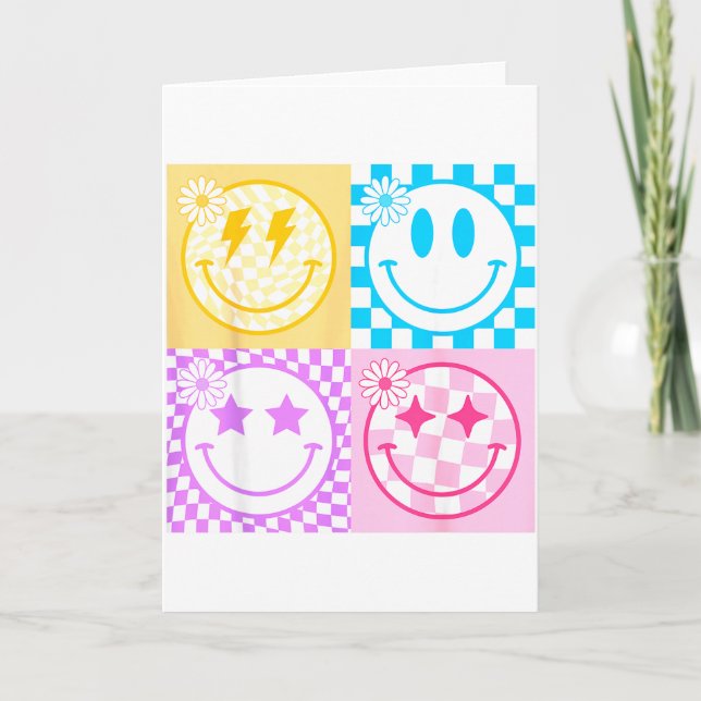 Retro Happy Face Shirt Checkered Pattern Smile Fac Card (Front)