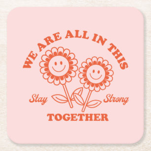 Retro Happy Flower Graphic Square Paper Coaster