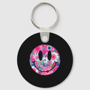 Retro Happy Flowers Smile Face Groovy Boho Design Key Ring