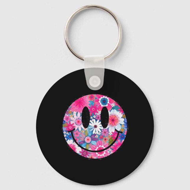 Retro Happy Flowers Smile Face Groovy Boho Design Key Ring (Front)