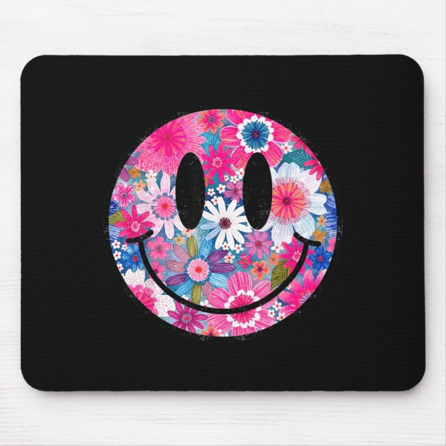 Retro Happy Flowers Smile Face Groovy Boho Design Mouse Mat (Front)